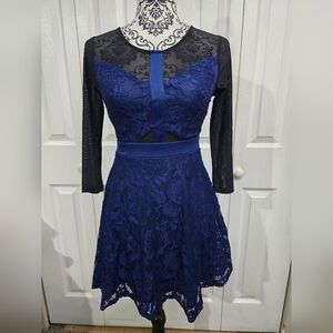 NWT Material Girl Blue Lace Black Mesh Cut Out Fit & Flare Dress